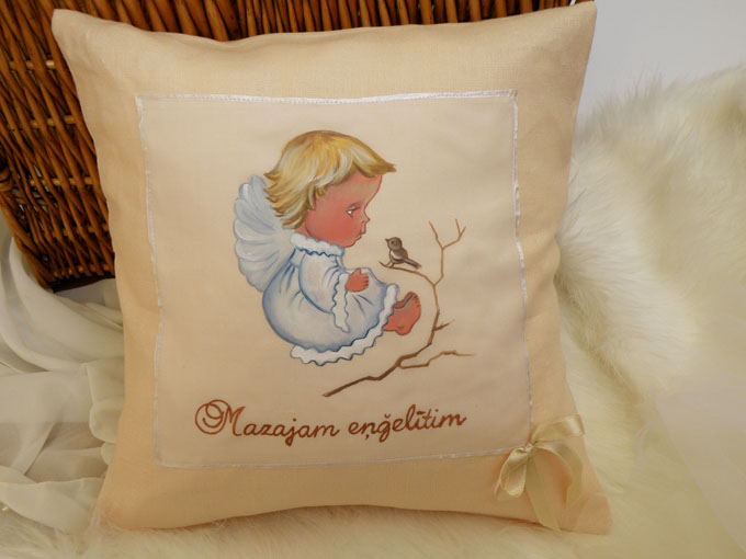 Hand painted pillow Angel and bird